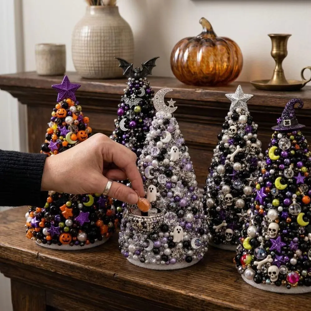 Handmade Halloween Beaded Decor Tree With Ghost Moon Rhinestone Details For Home Tabletop Holiday Party Decor image 3