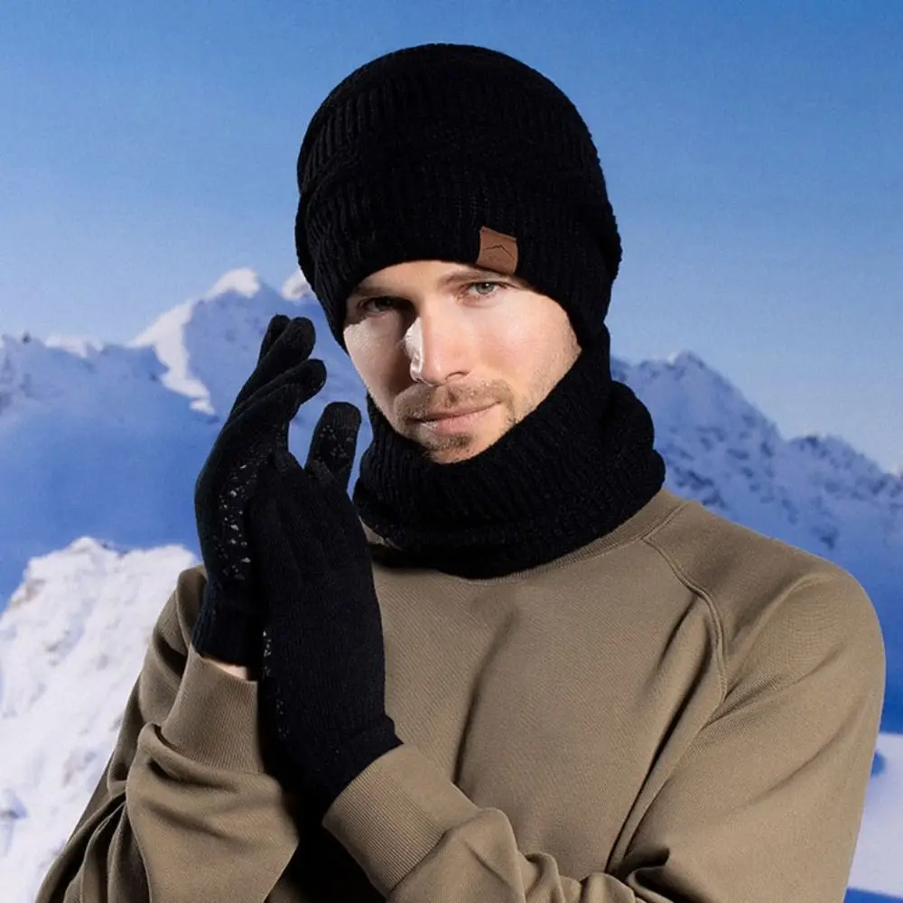 3 pçs cor sólida chapéu cachecol luvas conjunto quente engrossar boné de malha térmica lã proteção térmica inverno gorro chapéu tempo frio