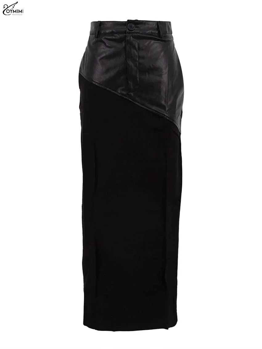 Oymimi Elegant Black Straight Women\'s Skirt Fashion Patchwork High Waisted Skirts Streetwear Casual Slit Ankle-Length Skirts