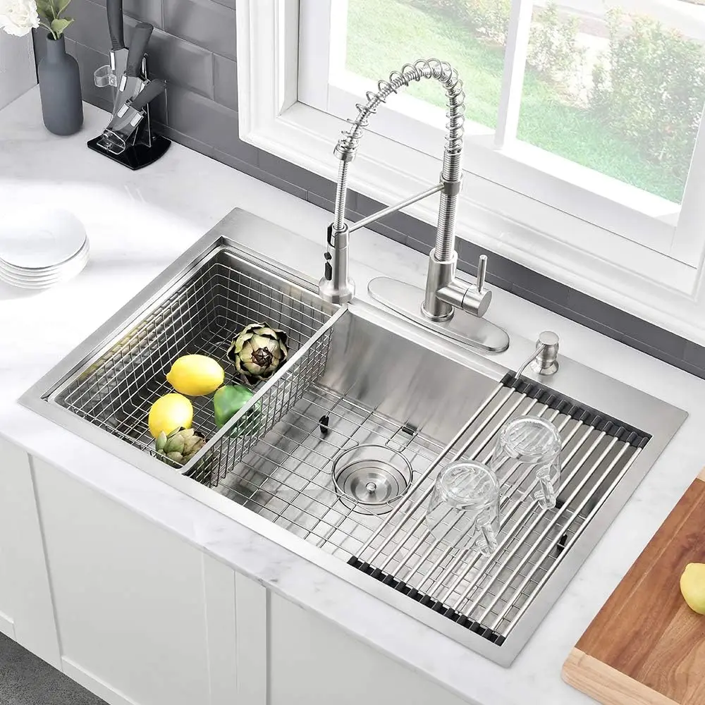 33 Inch 16 Gauge Stainless Steel Drop In Top Mount Workstation Kitchen Sink, 33