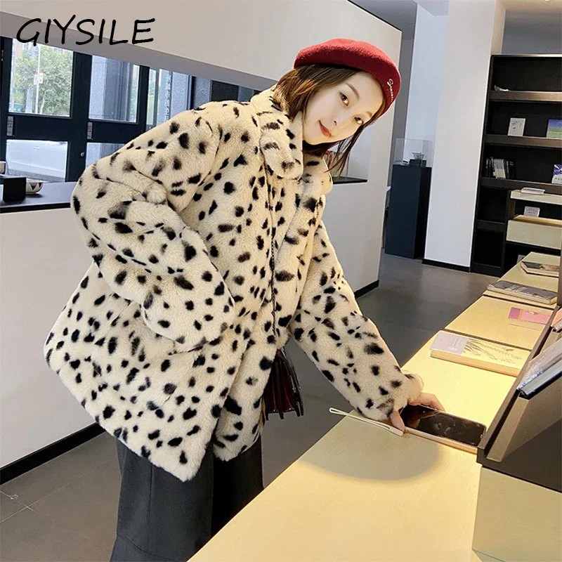 GIYSILE Fashion Fur Women Coat Long Sleeve Turn Down Collar Faux Fur Jacket Coat Leopard Loose Pockets Women Thick Coat