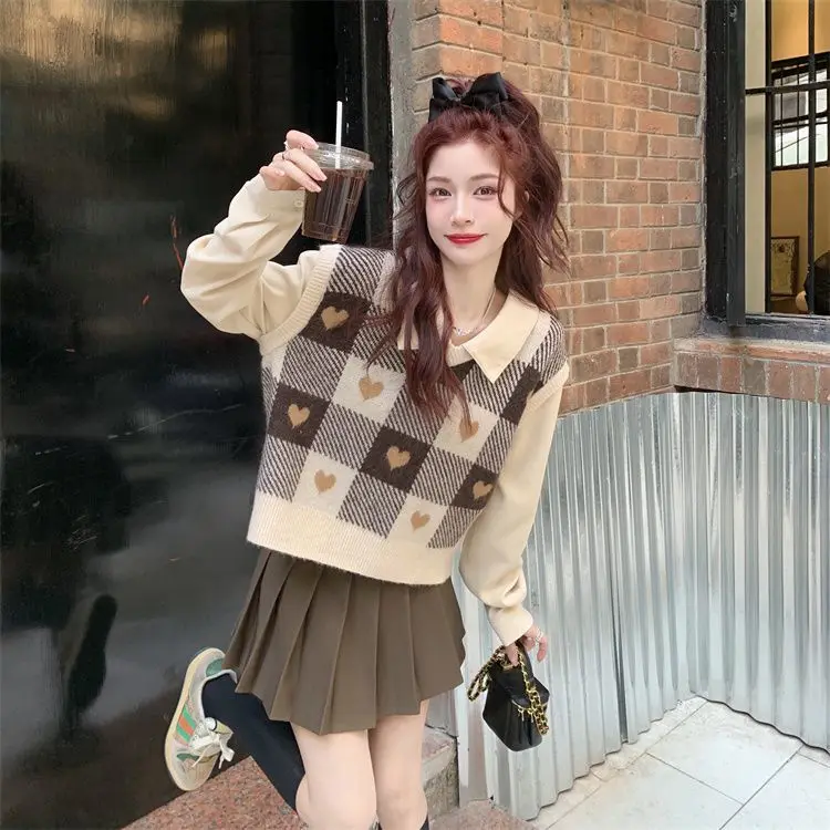 

Women's Knitted Plaid Vest Top Bottom Set Spring Autumn Fashion Outerwear Base Shirt Polyester Fabric 18-25 Years Old