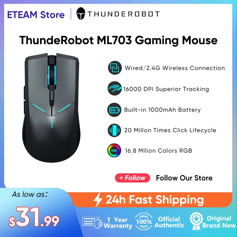 

ThundeRobot-ML703 Wireless Gaming Mouse, Rechargeable Wired 2.4G, 16000 DPI, 1000mAh, RGB Gamer, Laptop, PC Gaming