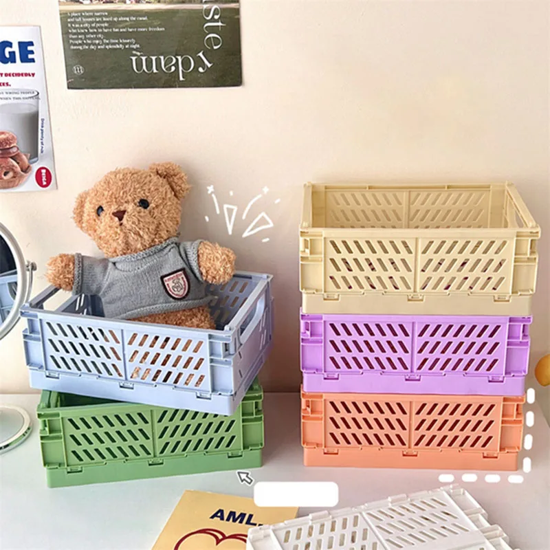 Mini Collapsible Crate Stacking Folding Storage Basket Plastic Desk Organizers for Home Kitchen Bedroom Bathroom Office Supplies