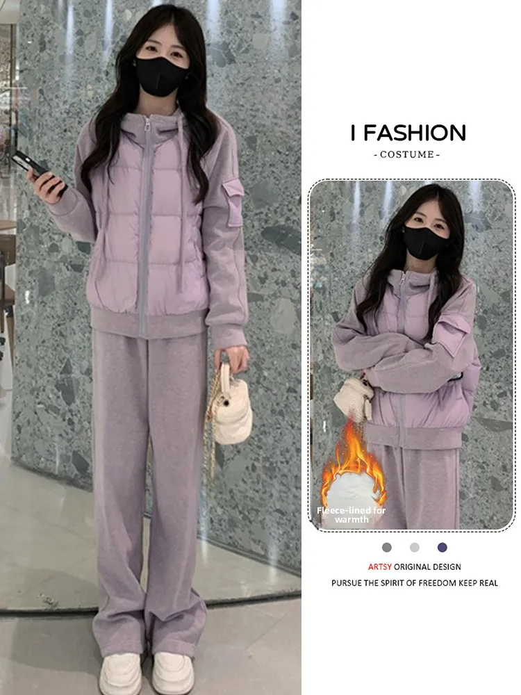 

Ladies Thiened Fce Lined Hooded Puffer Jaet And Wide Leg Pants Set Winter Warm Casual Sle High Waist Trousers