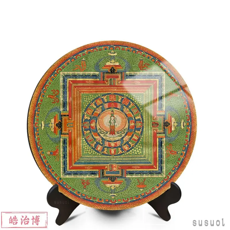 Tibetan Mandala Thangka Decor Plate Avalokitesvara Buddhist Altar Ornament Crystal Display Plate for Home Worship Decoration