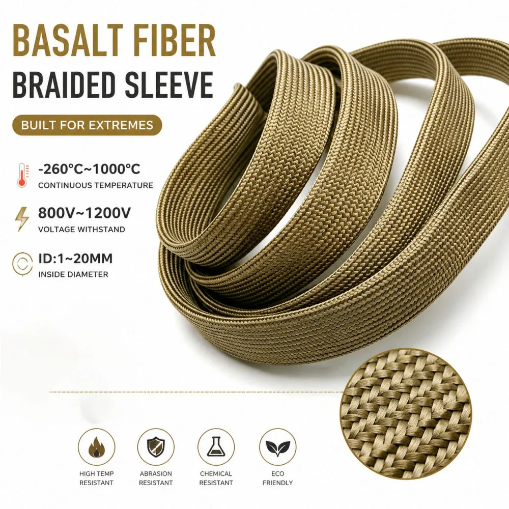 1000 High Temp Basalt Fiber Braided Tube ID 1-20mm Alkali-Free Fiberglass Sleeveable Heat Resistant Insulation Wire Protector
