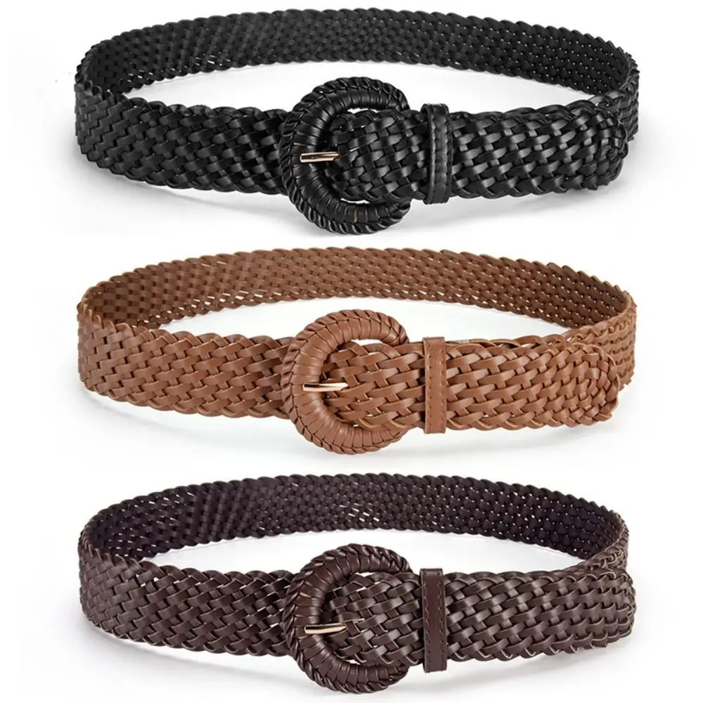 Vintage Woven Weave Belt Hollow Out Wide Retro Belt Round PU Leather Bohemian Style Waistband Women