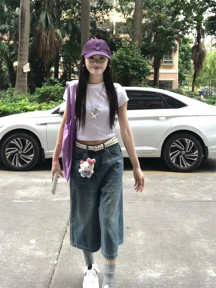 

Ретро джинсы с широкими штанинами и эффектом потертости, летние, новые, свободного прямого кроя, женские, повседневные, с высокой талией, джинсовые шорты-скинни