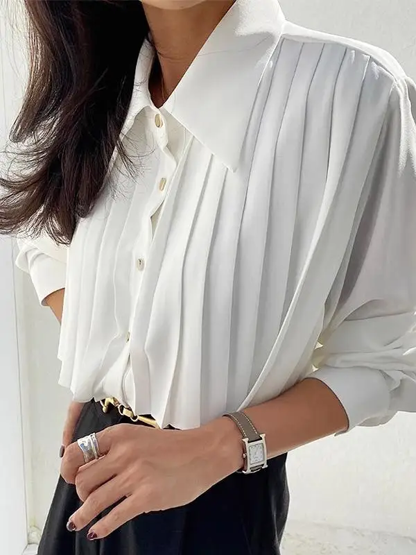 Chic Autumn Long Sleeve Shirt Women's Loose Fit Button down Heavy Embellished Pleated Design Versatile Workwear Korean Style