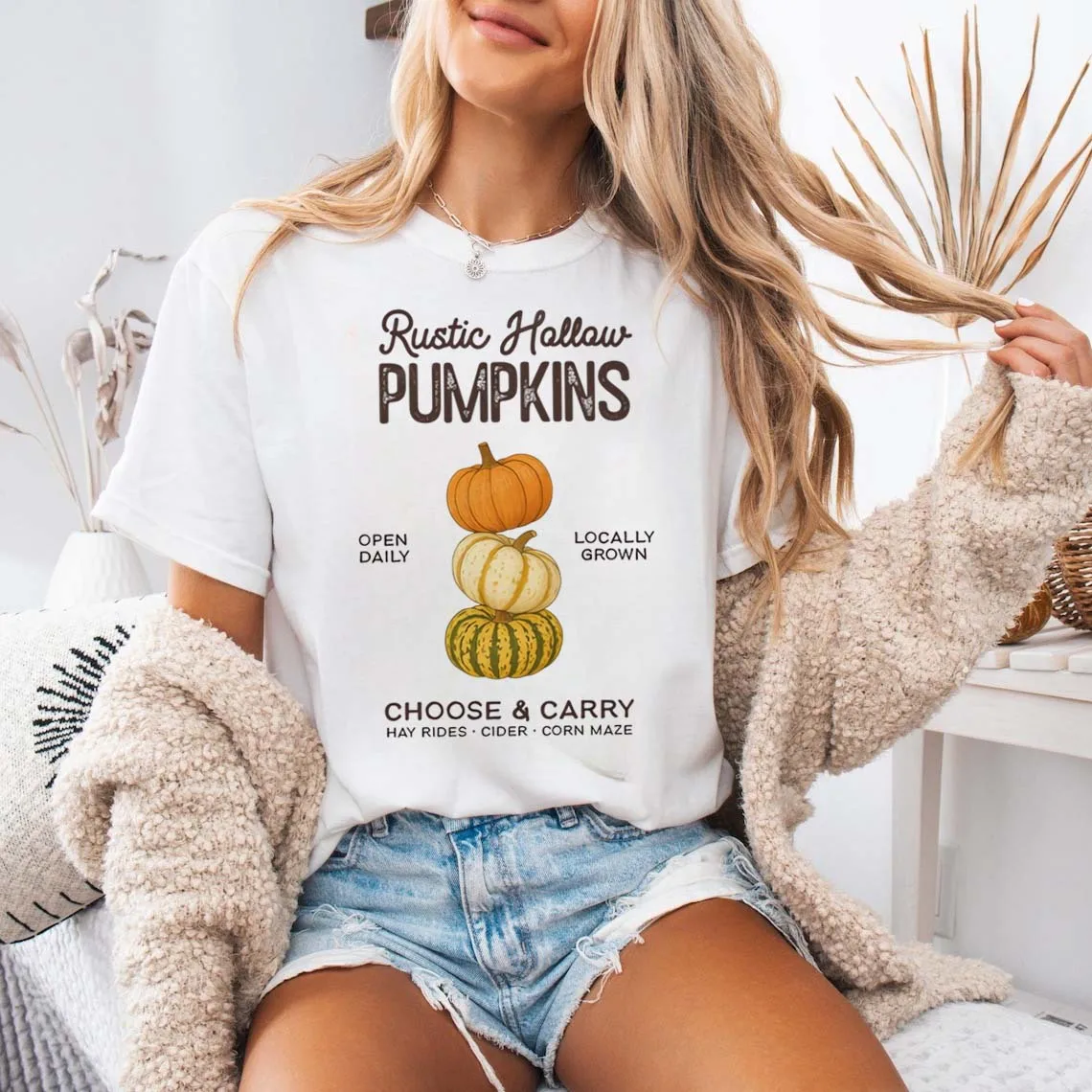 Rustic Hollow Pumpkins T-Shirt Short Sleeveround Neck Versatile White Tee Women's Casual Top Graphic Autumn Fashion T-Shirt
