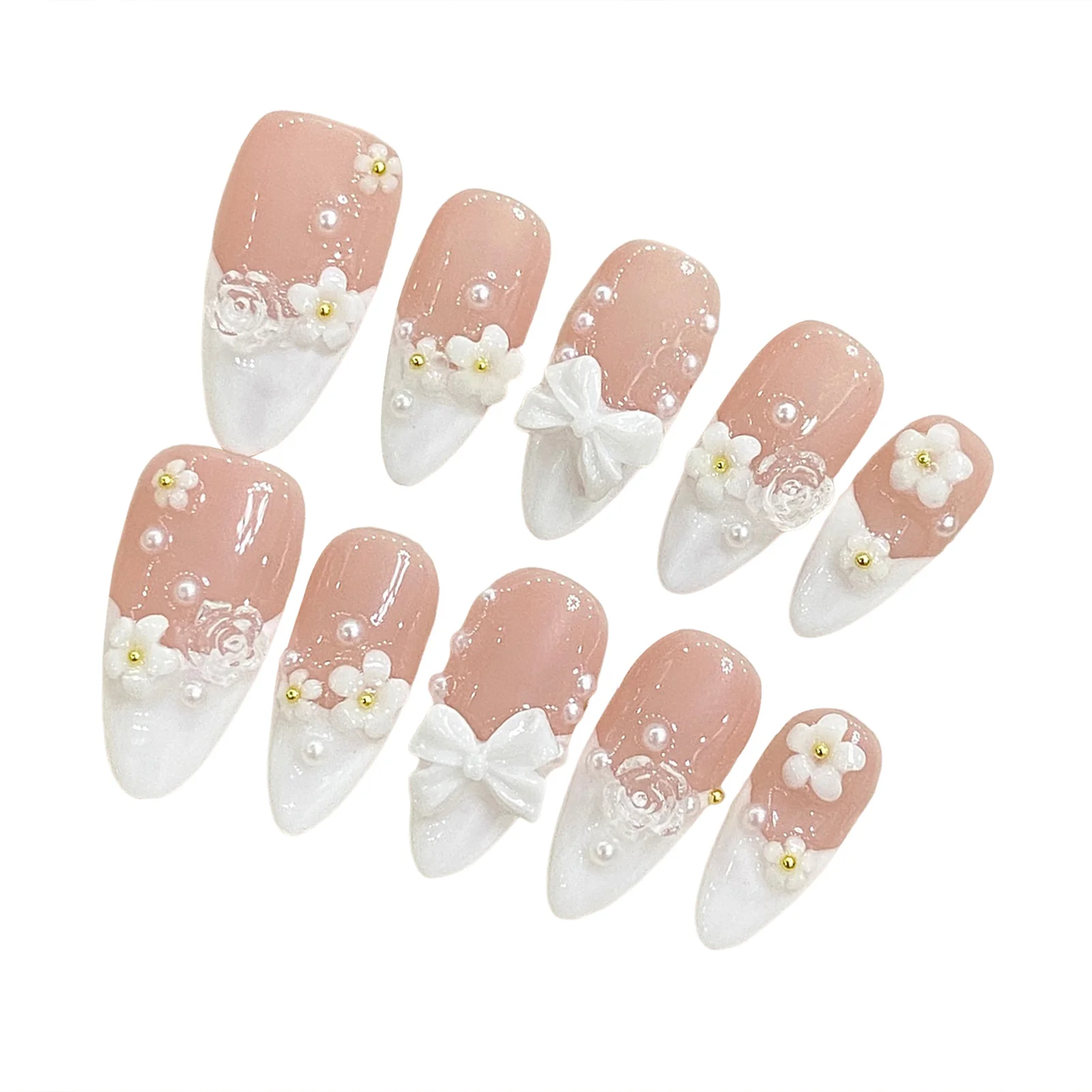 10pcs 3D Bowknots Press On Nails Handmade Almond White French Style Fake Nail Cute Flower Designs INS Korean Wearable Manicure