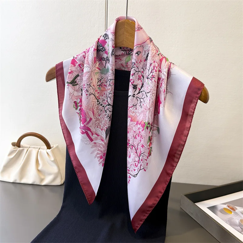 Floral Printed Square Scarf For Women Imitation Silk Scarves Bandanas Luxury Hijab Neckerchief Elegant Beach Shawl Wraps