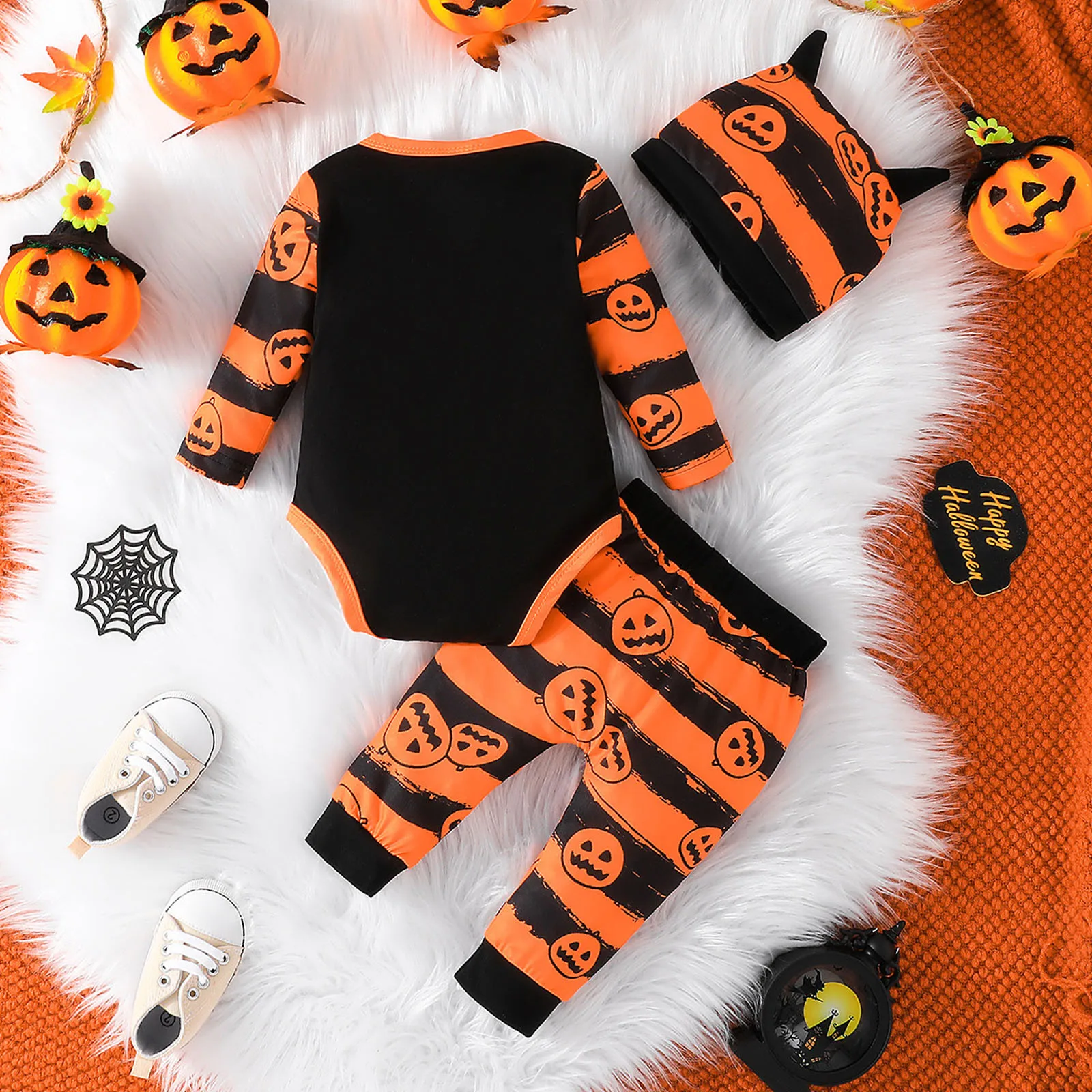 My First Halloween Baby Outfit Sets For Boys Girls Pumpkin Romper+Orange Black Patchwork Romper Pants+Hat Baby Halloween Clothes