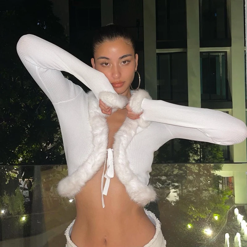 Fashionable Women's Knitted Sweater Cardigan Sexy Fit Faux Fur Trim Long Sleeve Short Top with Tie Slit Y2k Autumn Pullover