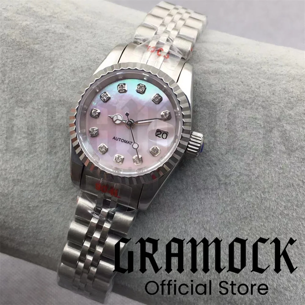 Gramock 25.5mm Women\'s Watch 3 point Date Diamond Pink Mother Pearl NH05 Automatic movement Silver sapphire glass