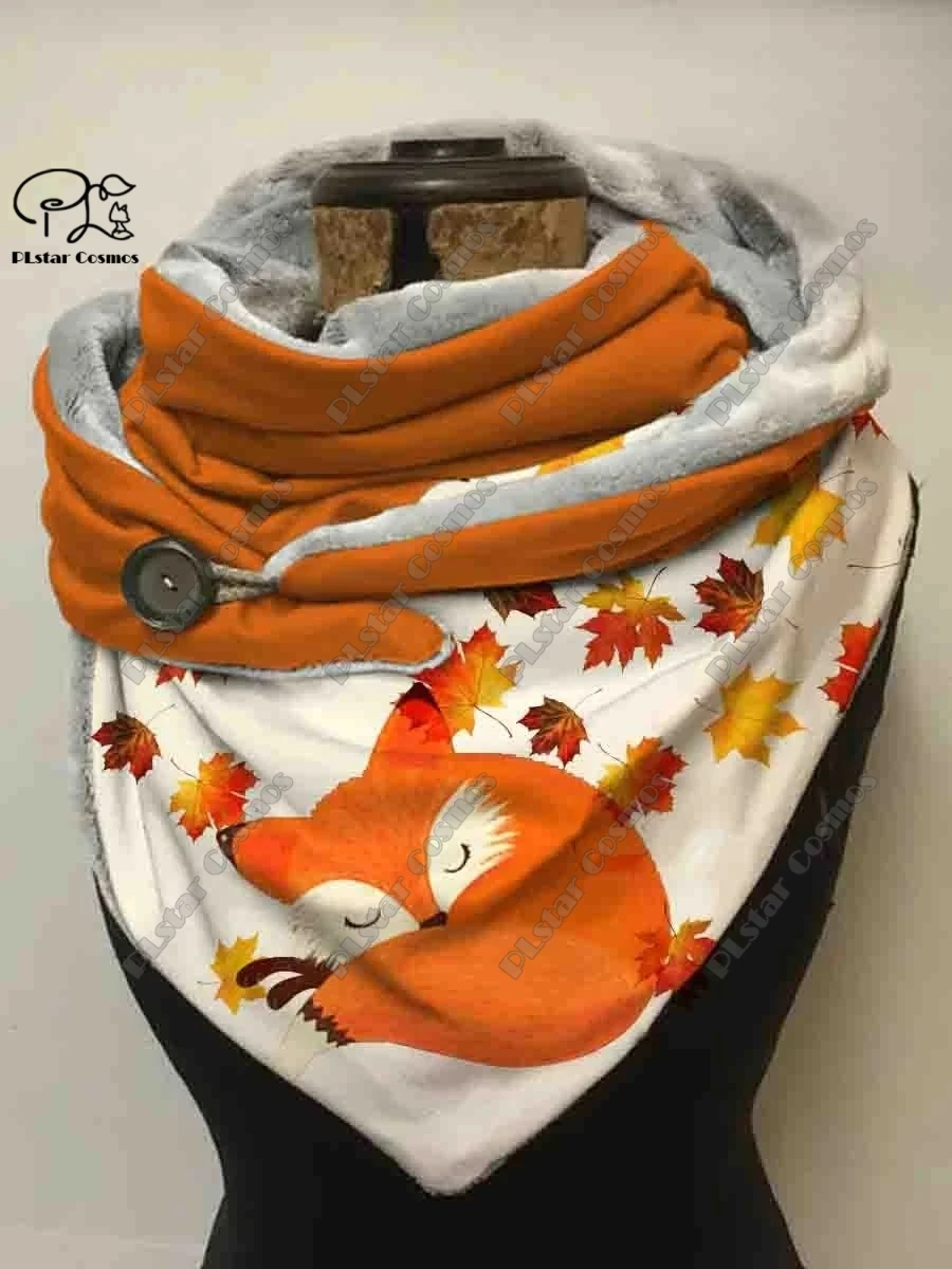 3D printing animal series cute fox fallen leaves snowflake pattern women\'s warm shawl spring and winter small triangle scarf H-4