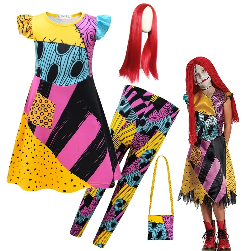 aa Bear House 002 Girls Nightmare Before Christmas Clothes D-Sally Cosplay for Kid Fancy New Year Costume Fly Sleeve PriWAT99 ★