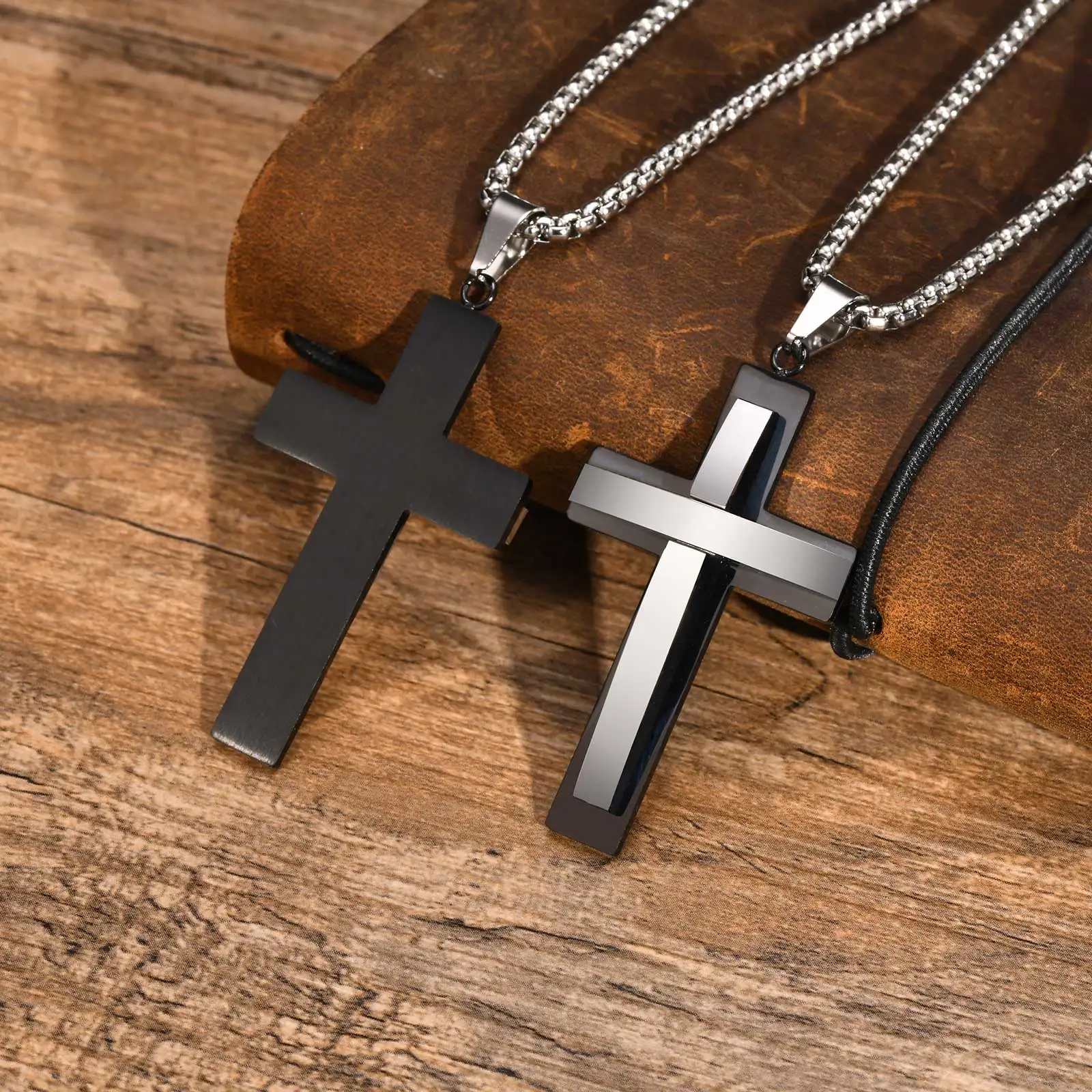 Vnox Chunky Double Layers Cross Necklaces for Men, Two Tones Cross Pendant with Box Chain, Religion Prayer Collar