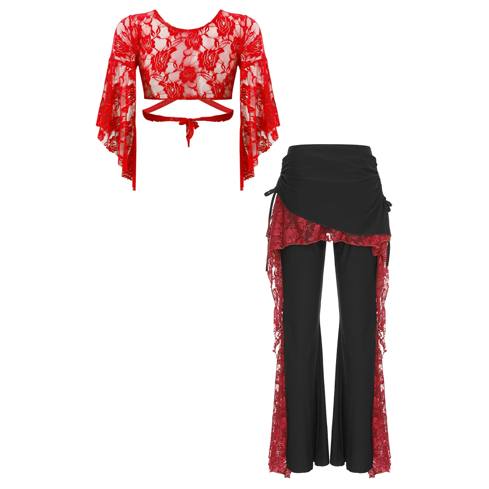 Women Belly Dance Lace Cardigan Crop Tops Flare Sleeve Costumes Bell-bottomed Pants for Halloween Performance Competition Outfit