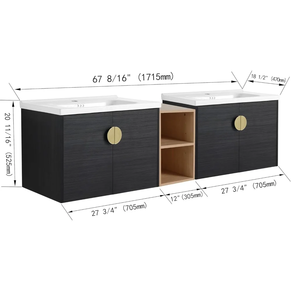 Bathroom Vanity with Double Ceramic Sink, Middle Storage Shelf & 2 Cabinet, Easy To Assemble, Bathroom Storage Cabinet, 68