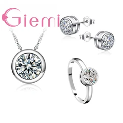 New Trendy Classic Women Engagement 925 Sterling Silver Shinny CZ Wedding Necklace/Earring/Ring Jewelry Sets For Women