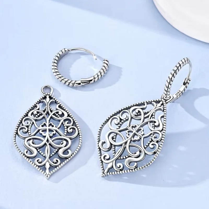 Original 925 Sterling Silver Vintage Style Hollowed Out Symmetrical Pattern Hoop Pendant Earrings For Women Jewelry Gift