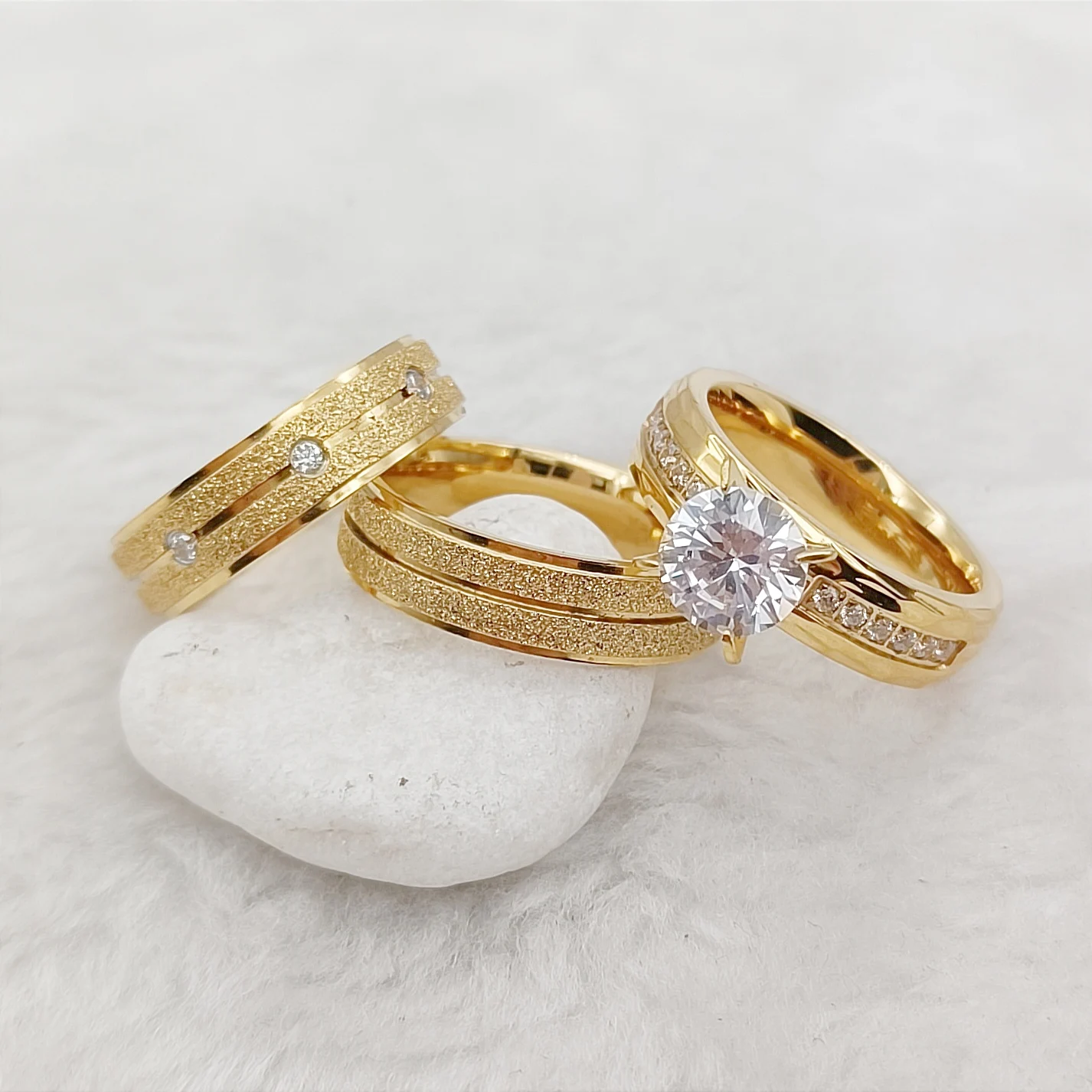 Unique Big Stone Ring Designs For Women 3pcs Couples Wedding Engagement Rings Bridal Sets Men's 24k Gold Plated Fashion Jewelry