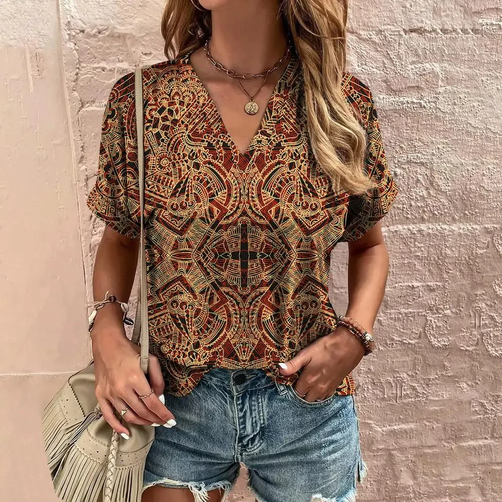 

Boho Ethnic Patterns T Shirt For Women Painting Print Harajuku Short Sleeve Tops Summer V-Neck Pullover Female Loose Clothing