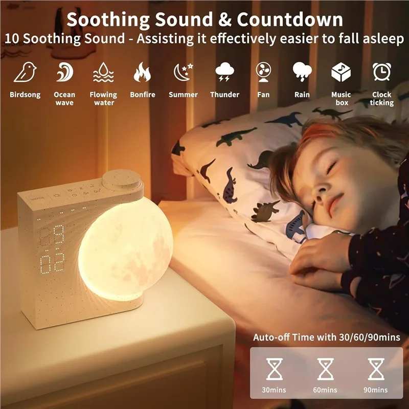Moon Lamp 7 Color Atmosphere Wake Up Light Breathing Light 3 Level Dimmer Clock Alarm White Noise