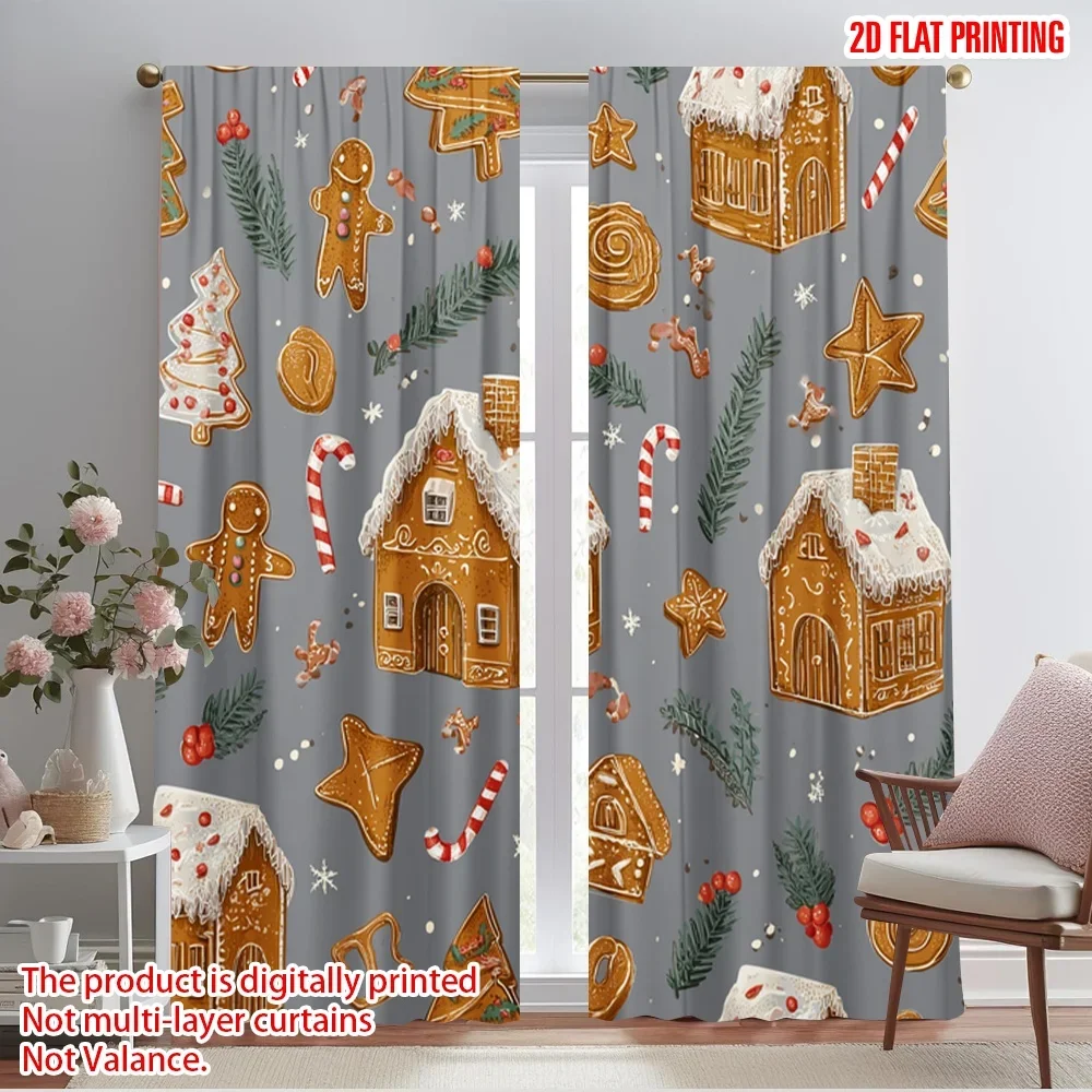 2pcs,2D plane printing Popular Curtains Grey gingerbread candy Christmas tree sugar people lovely Merry Christmas Versatile