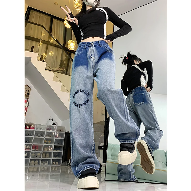 Fashion Niche Gradient Jeans Women Vintage Letter High Waist Loose Straight Wide Leg Denim Pants Female Casual Versatile Trouser