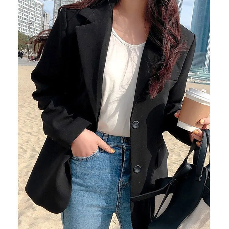 Elegant Solid Color Button Spliced Pockets Korean Blazer Women\'s Clothing 2023 Autumn New Casual Tops Loose Office Lady Blazers