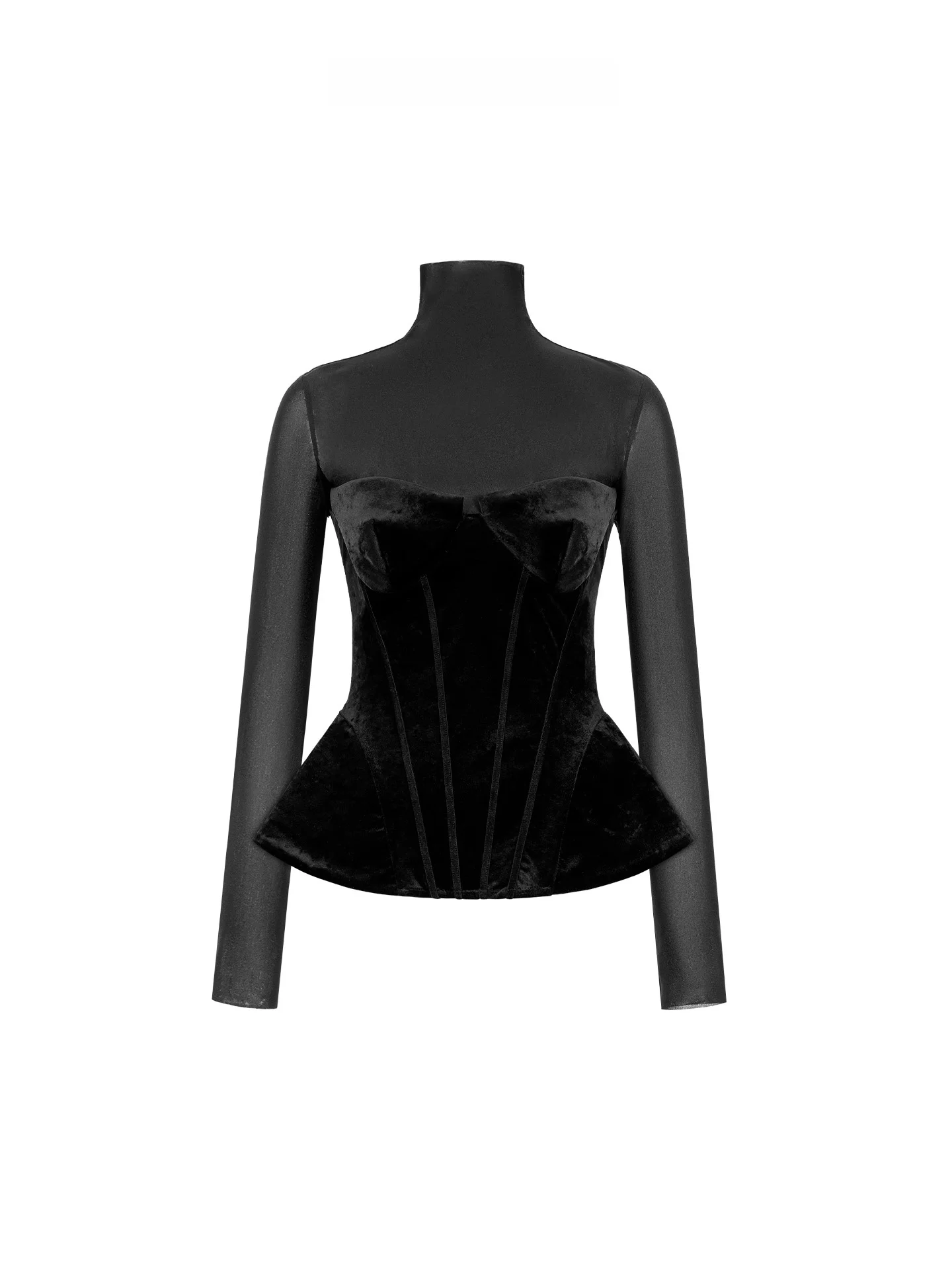 

Женская приталенная футболка Maggie Ma из бархата с высоким воротником, имитация двухслойности, длинный рукав, идеальная посадка, весна 2026, модная кружевная блузка