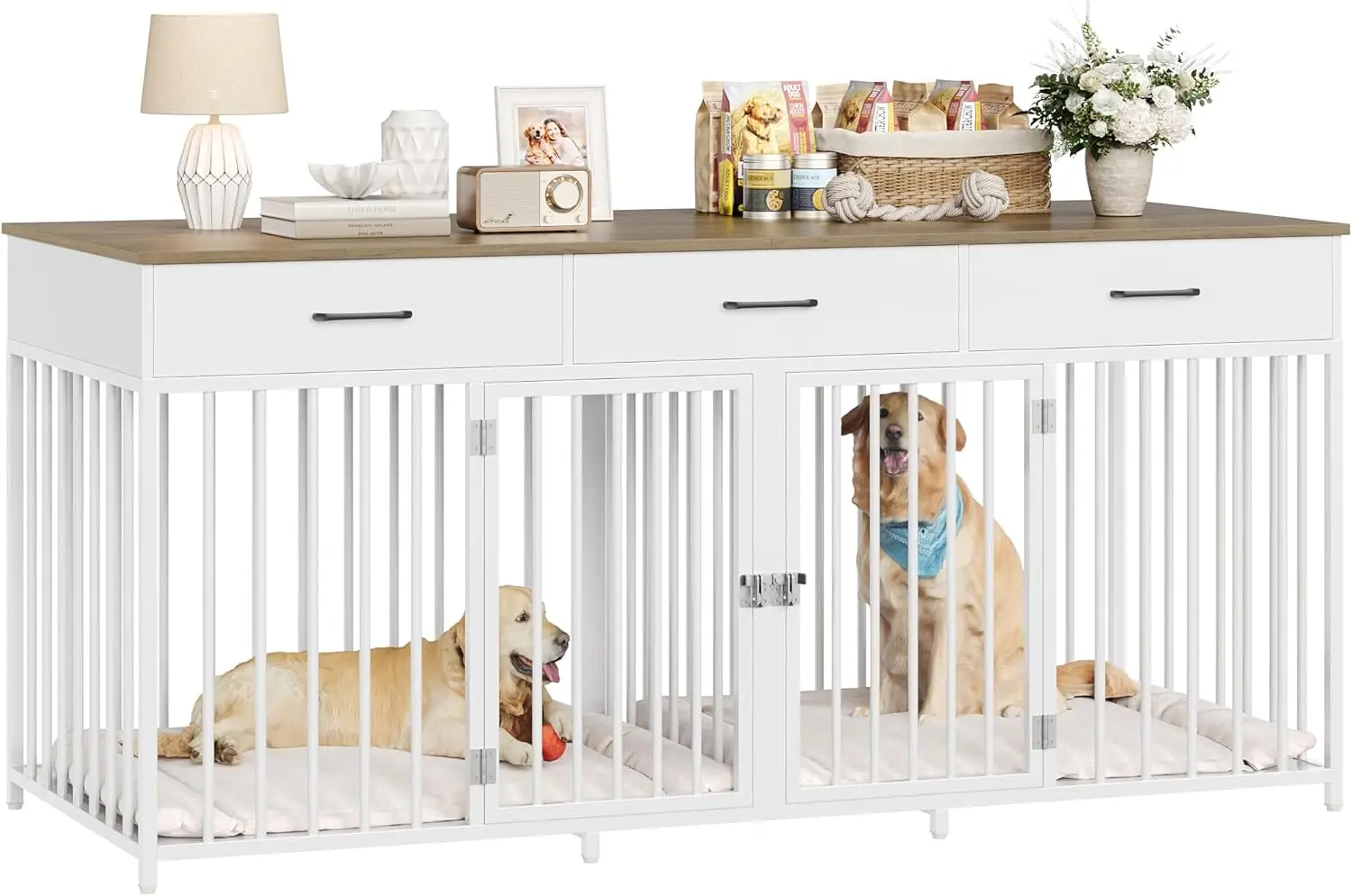 

71" Wide Indoor Dog Kennel with 3 Drawers, Farmhouse Cage for Large/Medium Dogs, Removable Divider, White Wooden Pet House