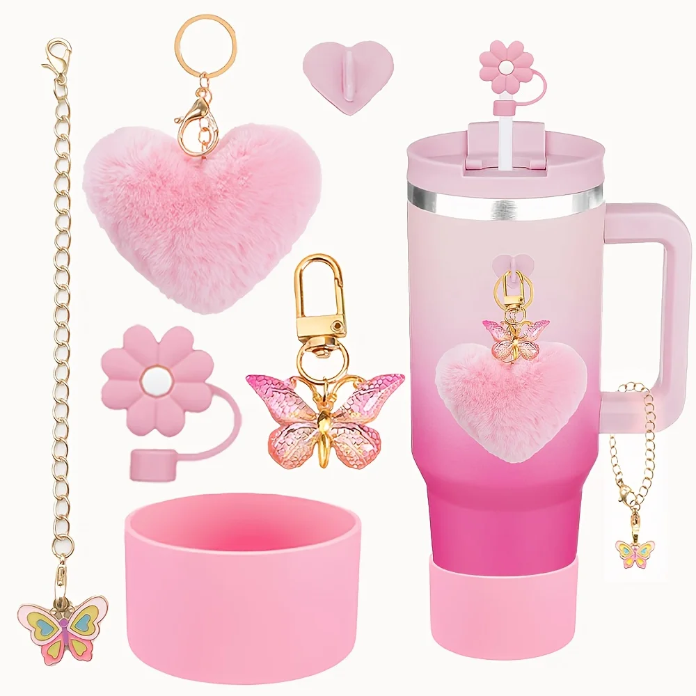 6pcs Silicone Cup Charm Set for 30-40oz Tumblers with Handles - Includes Straw Topper, Boot, Heart Ball Pendant & Handle Charm C