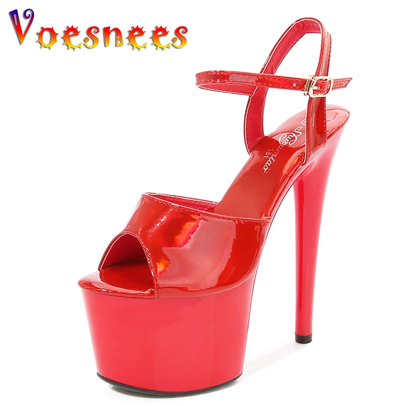 Women Sexy Show Sandals 15 17 20CM High Heels Laser Bright Paint Leather Platform Color Stripper Pumps Girls Shoe For Party Club