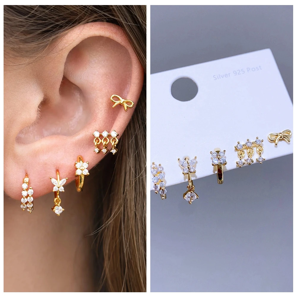 5 ピース/セット混合デザインクリア CZ クリスタルイヤリングゴールドカラーメッキキュービックジルコニア女性スタッドピアスジュエリー