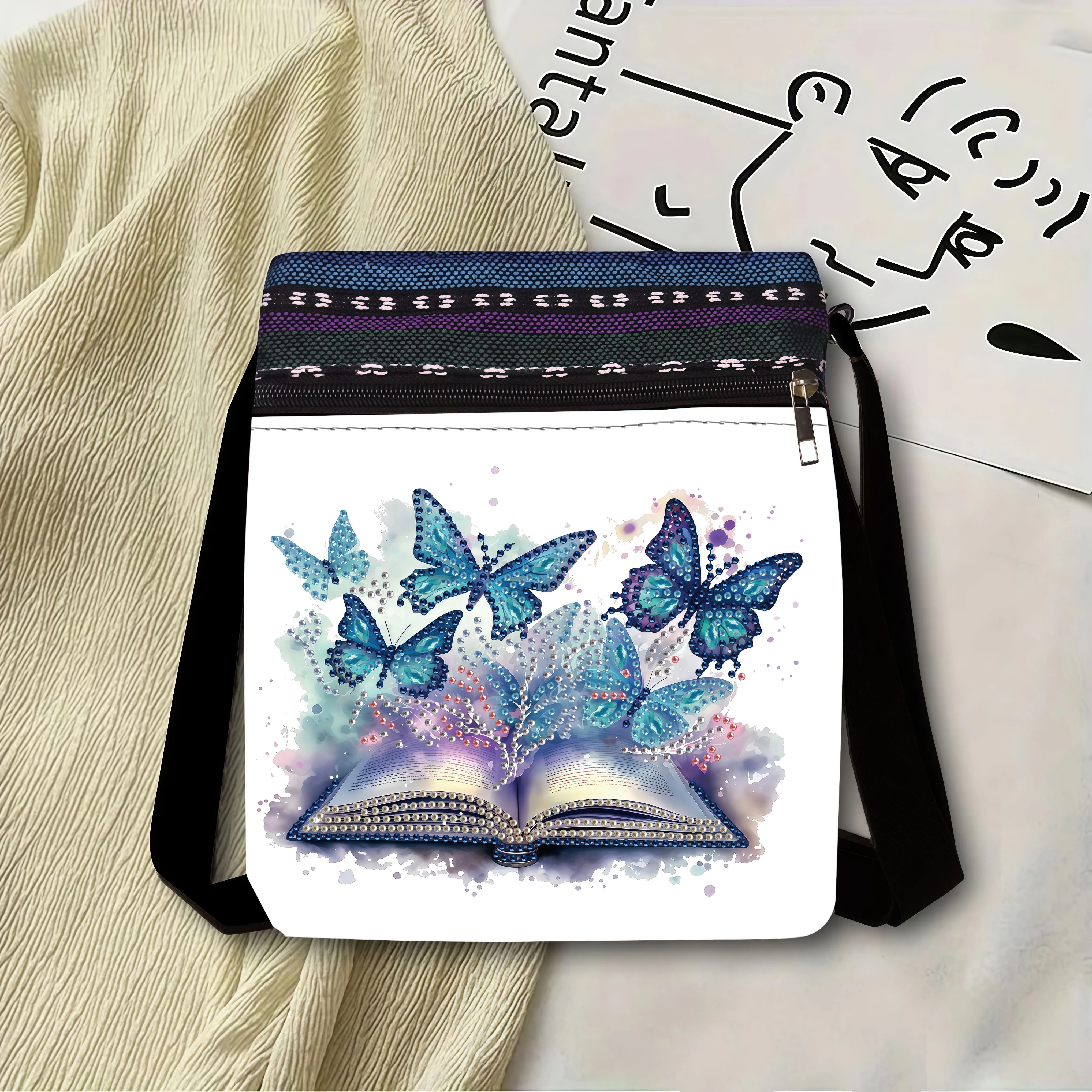 1 Piece Diamond Painting kit Messenger bag Butterfly pattern canvas Material suitable for home Storage, travel and play Carrying