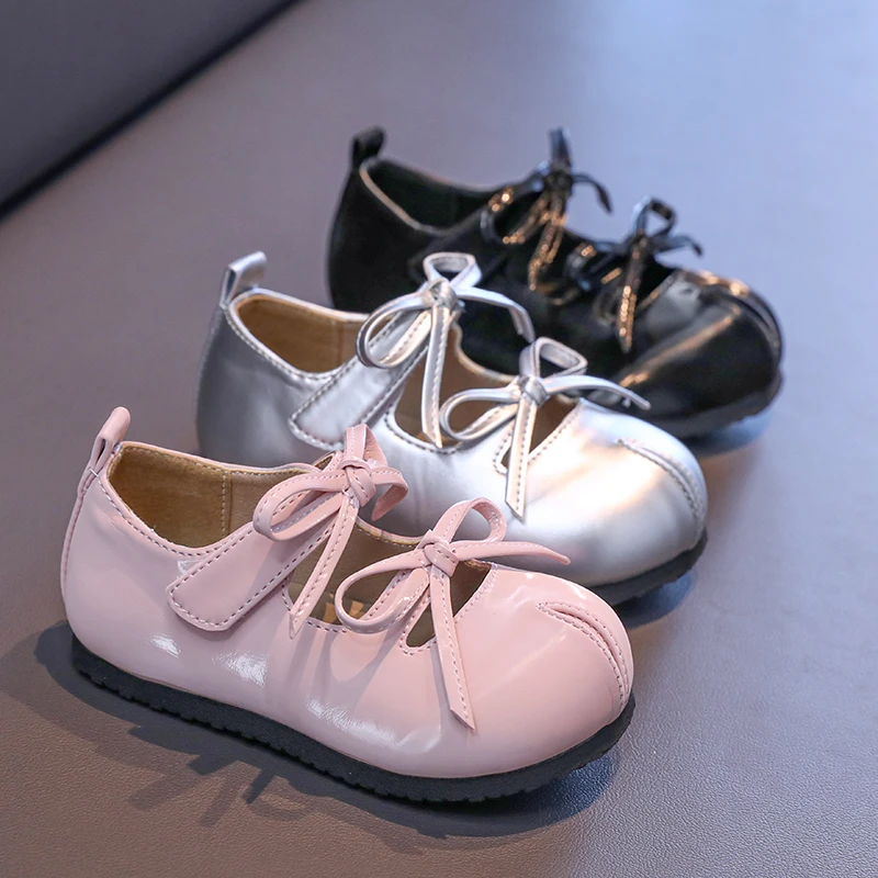Double Bow Girls PU Leather Shoes with Anti Slip Soft Sole Children Spring Autumn Outdoor Girls Princess Shoe Ballet Dance Shoes