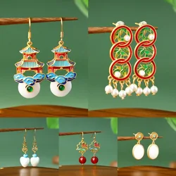 Ethnic Chinese Fashion Jade Pendant Earrings for Women Vintage Hollow Design Ancient Palace Shaped Painted Enamel Luxury Jewelry