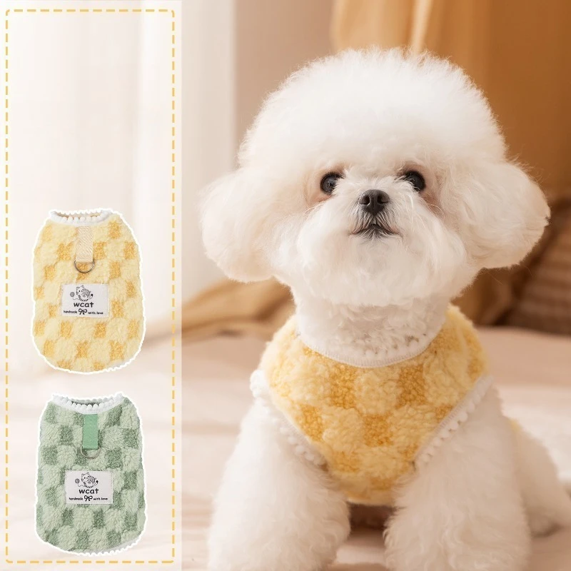 

Dog Winter Sherpa Fleece Vest Checkerboard Leash Ring Harness Access Warm Soft Two Legs Puppy Clothes For Small Dogs Bichon Cozy