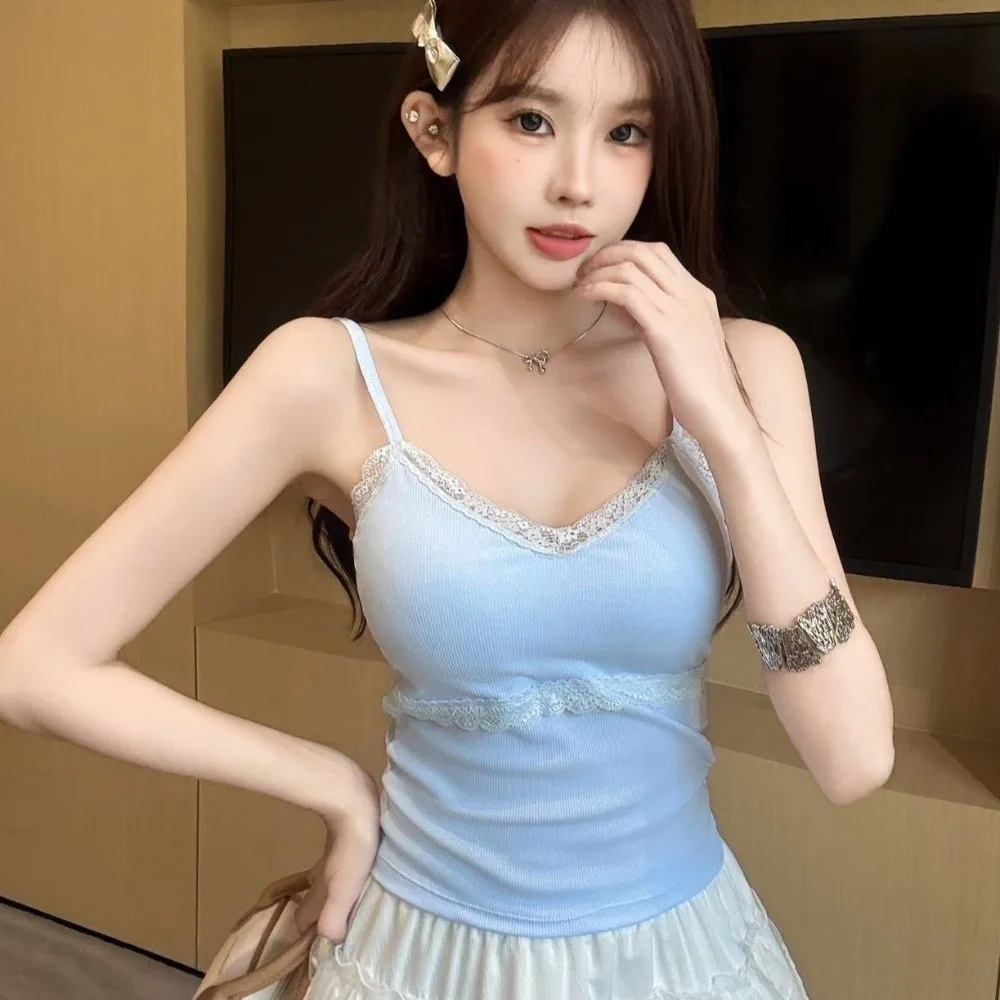

Spicy Girl Style V Neck Lace Camisole with Chest Cushion Slim Fit Lace Corset Tanks Streetwear Suspender Vest Travel