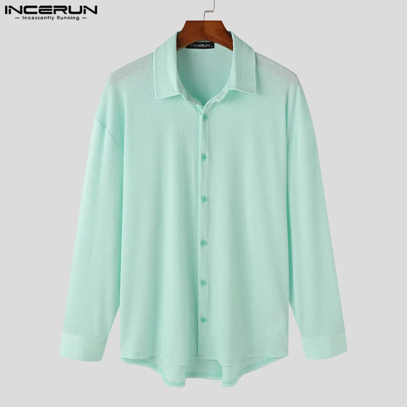 Fashion Summer New Men's Clothing Tops INCERUN 2024 Simple Striped Shirts Casual Streetwear Male Solid Long Sleeved Blouse S-5XL