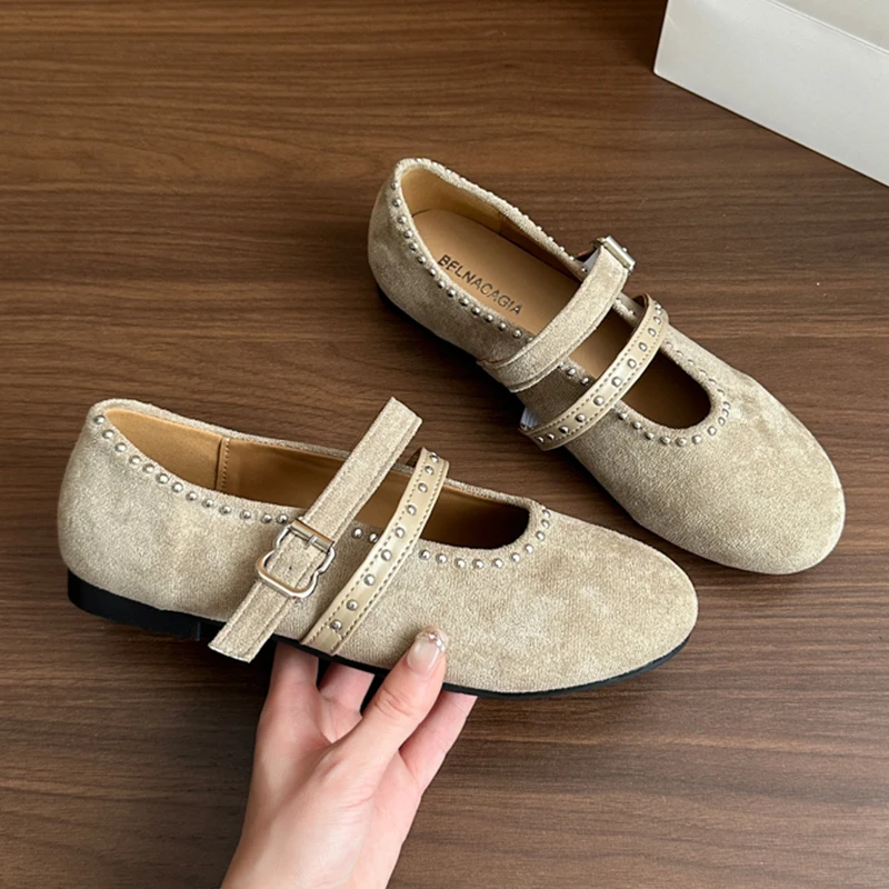 

Autumn Fashion Studded Buckle Strap Mary Janes Women's Shoes Maillard Brown Suede Flats Comfortable Soft-soled Casual Thin Shoes