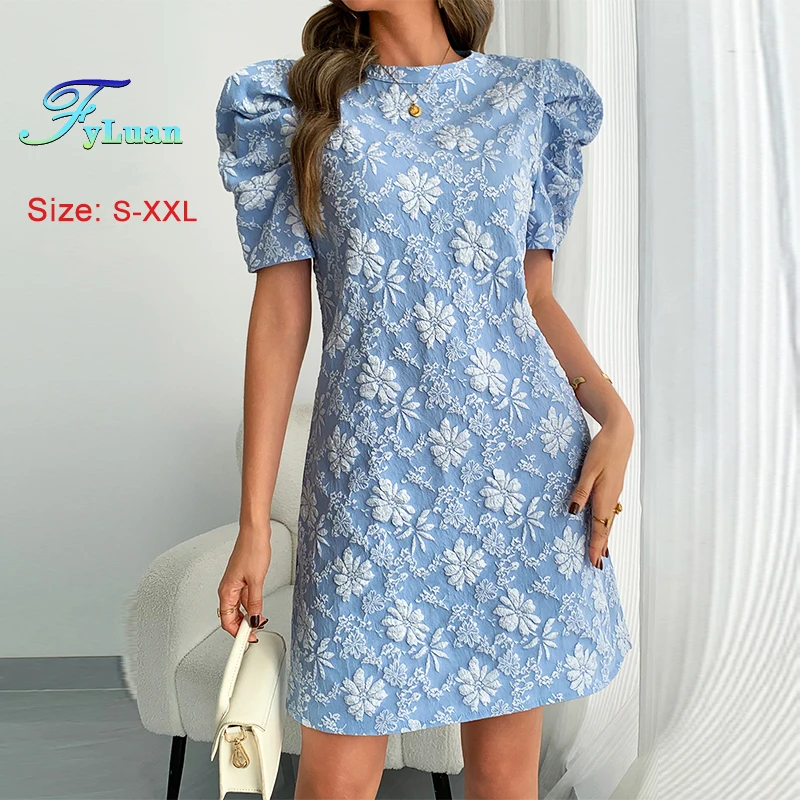 Sommer Retro Stil frauen Kleid Rundhals Blase Hülse Jacquard Textur Schlank Mini Kleid Mode Bankett Elegante Süße Kleid