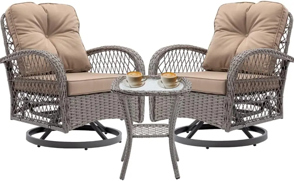 Wicker Swivel Rocker Chairs Set,Swivel Chairs with Thick Cushion,  Tempered Glass Side Table for Outdoor
