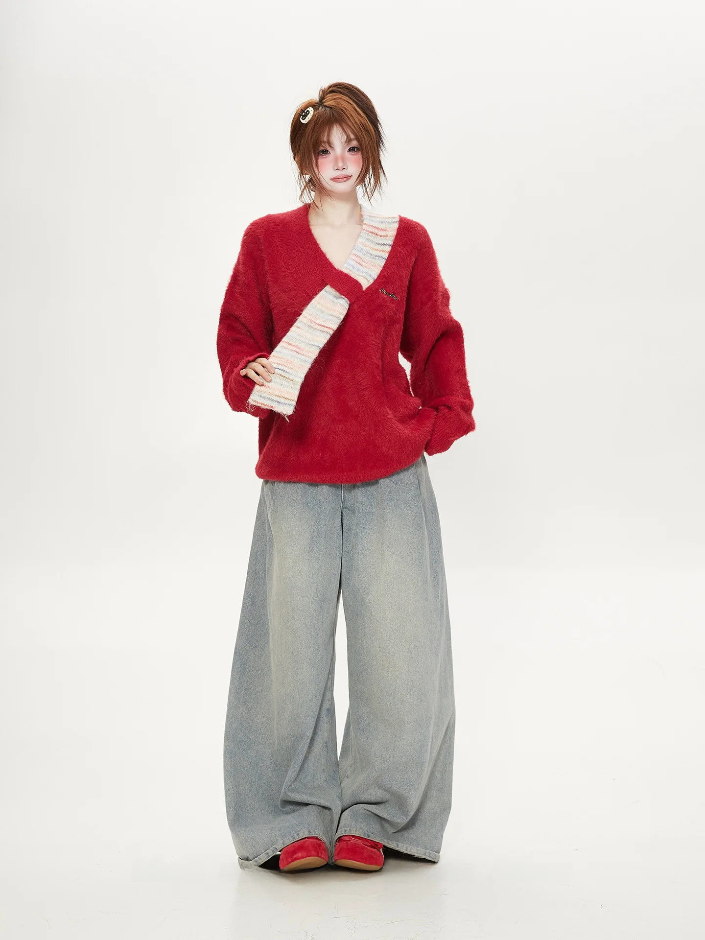 

Striped Scarf Design Knitted Red Sweater Women's Autumn Winter Fce Lined Warm Top V-ne Long Sve Regular Fit