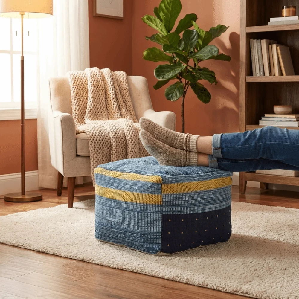 Thick Footstool Cover Color-Woven Jacquard Unstuffed Pouf Ottoman Nordic Large Capacity Clothes Storage Bag Room Decor