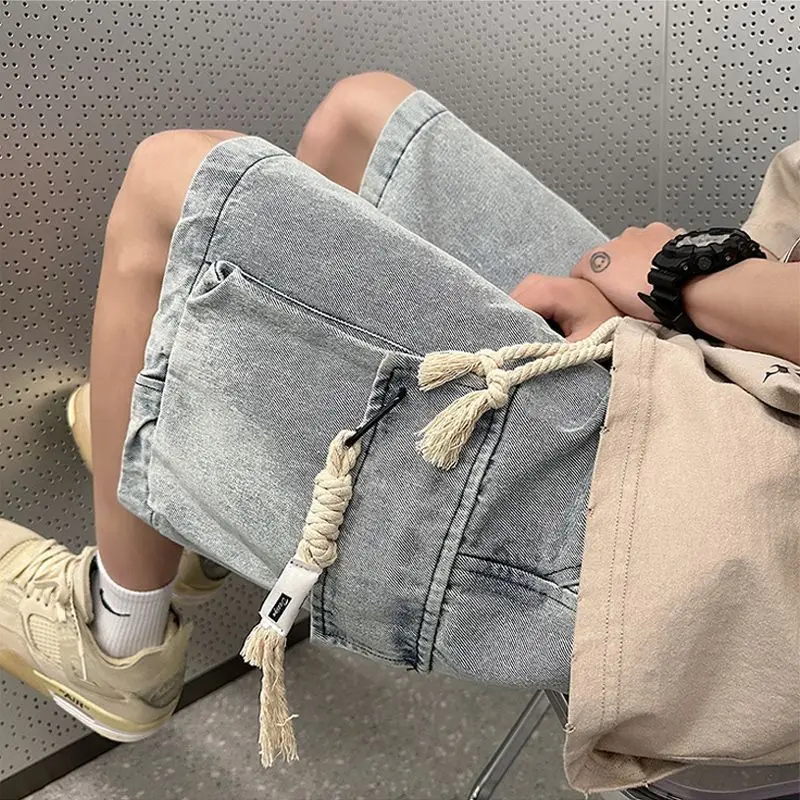 

Foufurieux American Denim Cargo Shorts Men Clothing Summer Loose Casual Oversized Retro Pocket Trendy Knee Length Jeans for Men